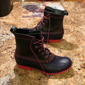 Pink and blue duck boots